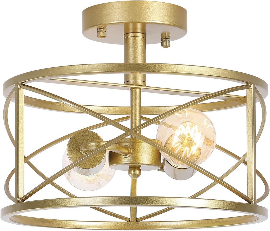 Gold Semi Flush Ceiling Light Fixture, 2-Light Farmhouse Flush Mount Light Fixtures, Modern Industrial Metal Cage Pendant Lighting for Hallway, Bedroom, Kitchen, Foyer, Living Room, Dining Room