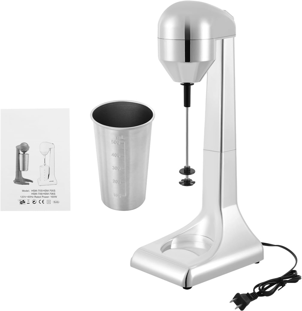 Single Head Milkshake Maker Machine, Stainless Steel Milk Blender 2 Speed Shaking, Commercial Electric Milk Shaking Machine with 500ml Cup, 23000RPM