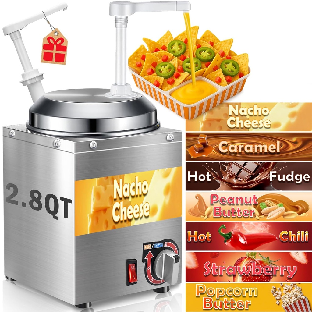 Nacho Cheese Dispenser - 2.8 Qt Nacho Cheese Warmer Machine with Pump, Stainless Steel Hot Fudge Sauce Warmer W/6-Level Temperature Adjustment,Syrup Hot Fudge Dispenser for Hot Fudge Cheese Caramel