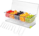 Ice Chilled 5 Compartment Condiment Serving Tray; Condiment Caddy with 5 Removable Containers; Cold Serving Trays for Food Party; Bar Accesories Fruit and Salad Caddy with Lid