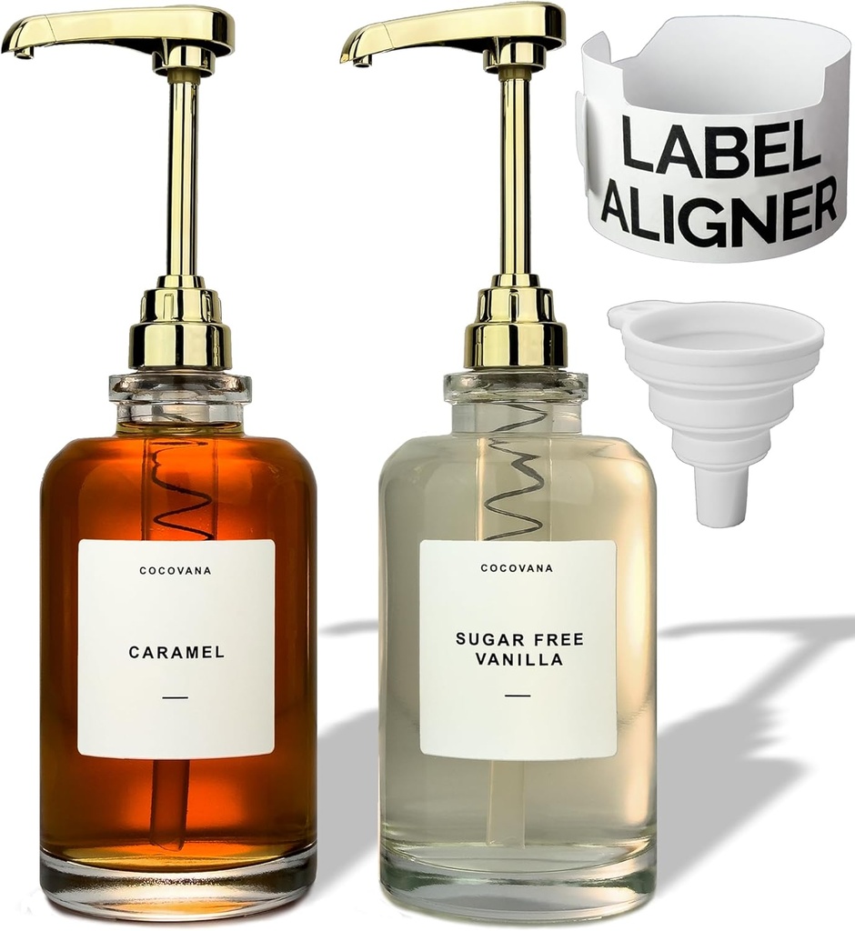 Cocovana Coffee Syrup Dispenser 500 ml, 102 Labels & Aligner, Large Coffee Syrup Pump for Coffee Bar, Coffee Sauce Dispenser, Glass Bottle Set of 2, Gold Kitchen Accessories Espresso Flavor Torani