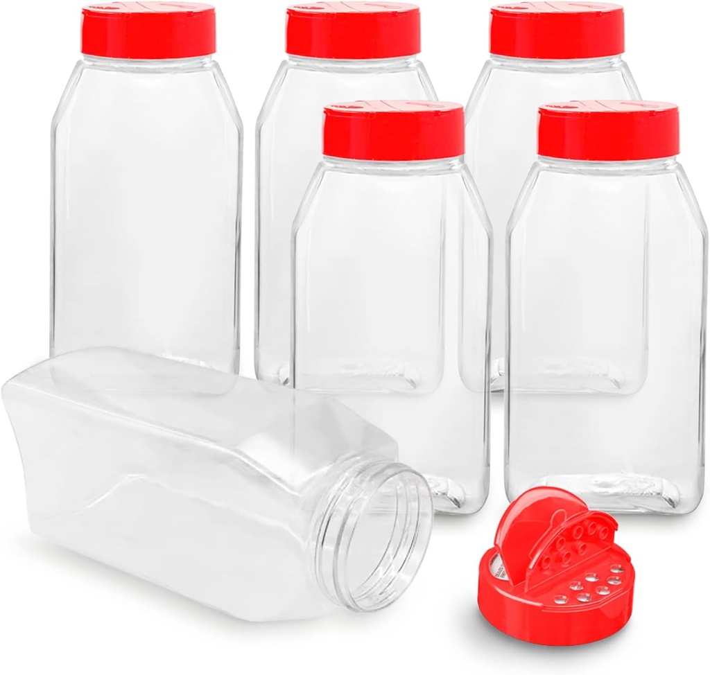 RoyalHouse 6 Pack 32 Oz Plastic Spice Jars with Red Cap, Clear and Safe Plastic Bottle Containers with Shaker Lids for Storing Spice, Herbs and Seasoning Powders, BPA Free, Made in USA