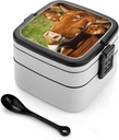 Cheeky Calf Brown Cow Lunch Box with Handle Stackable 2 Layer Leak-Proof Bento Box Portable Food Containers for Unisex