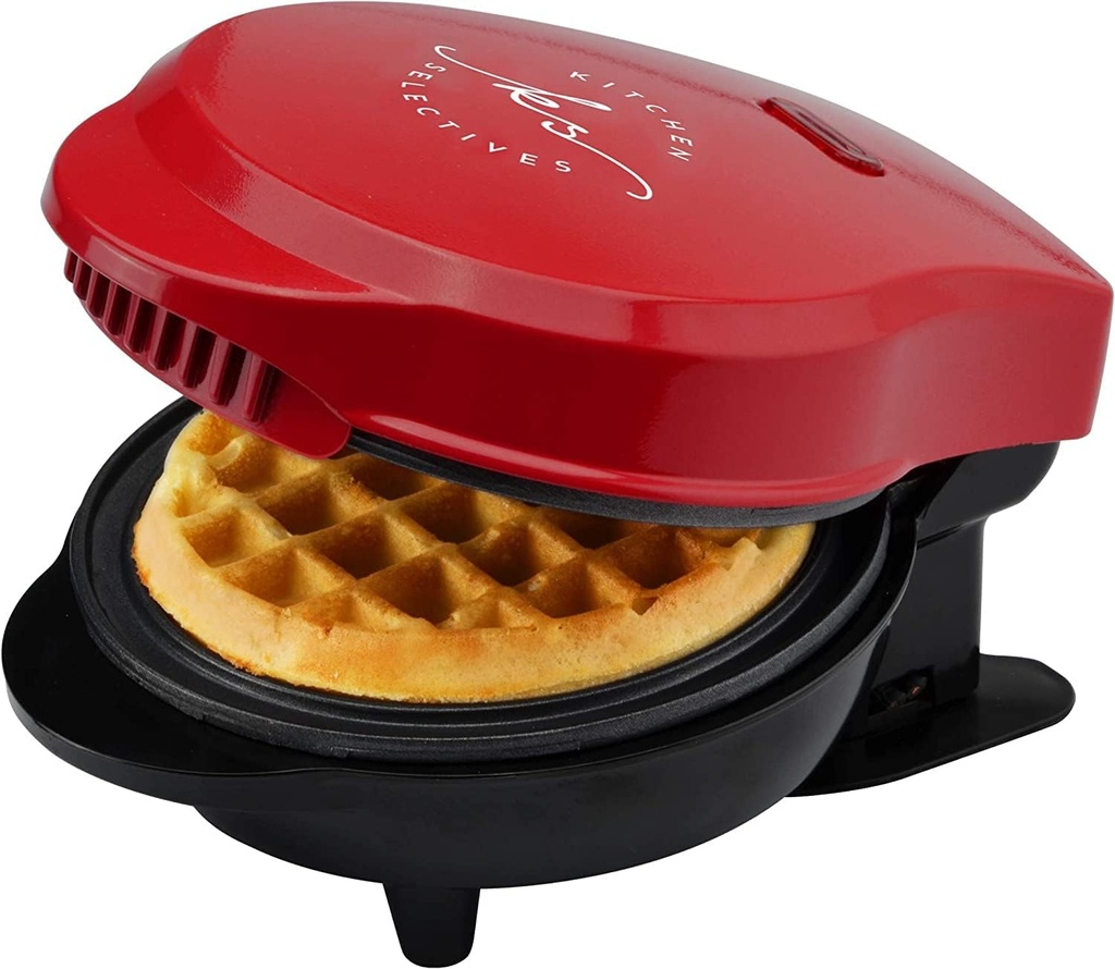 Kitchen Selectives Mini Waffle Maker By Select Brands - Classic Waffle Iron for Traditional, Savory or Dessert Waffles - Features Non-Stick Coating - 4 Mini Waffles, Red