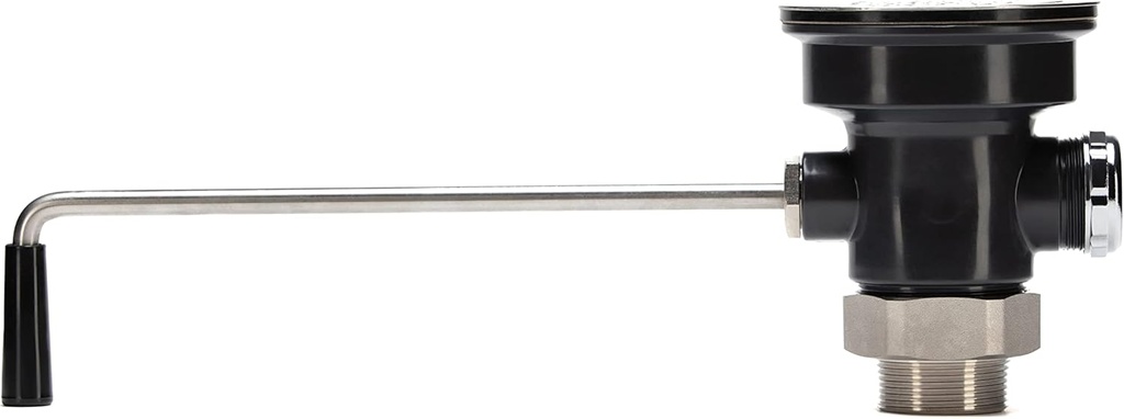 Sink Drain Valve with Twist Handle - PVC Plastic, with stainless steel kitchen sink strainer, sink plunger, flange. Fits 3.5 inch commercial drain openings. Handy brass reducer included