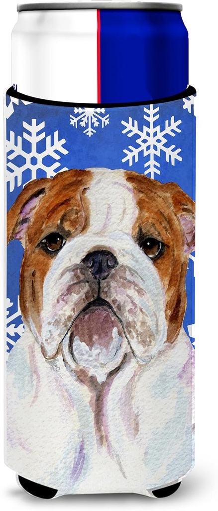 Bulldog English Winter Snowflakes Holiday Ultra Beverage Insulators for slim cans