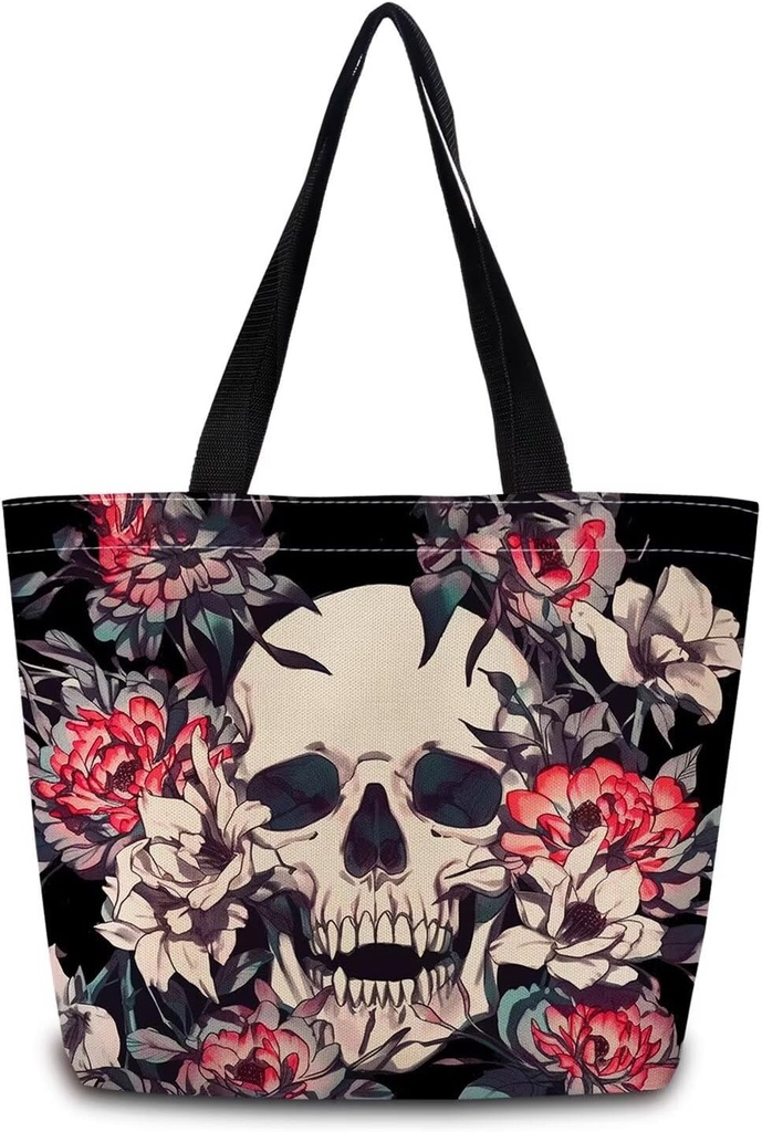 Floral Skull Tote Bag Reusable Grocery Bags Cute Aesthetic Shopping Shoulder Handbag with Interior Zipper Pocket Lightweight & Washable Stylish Floral Skull Present for Women