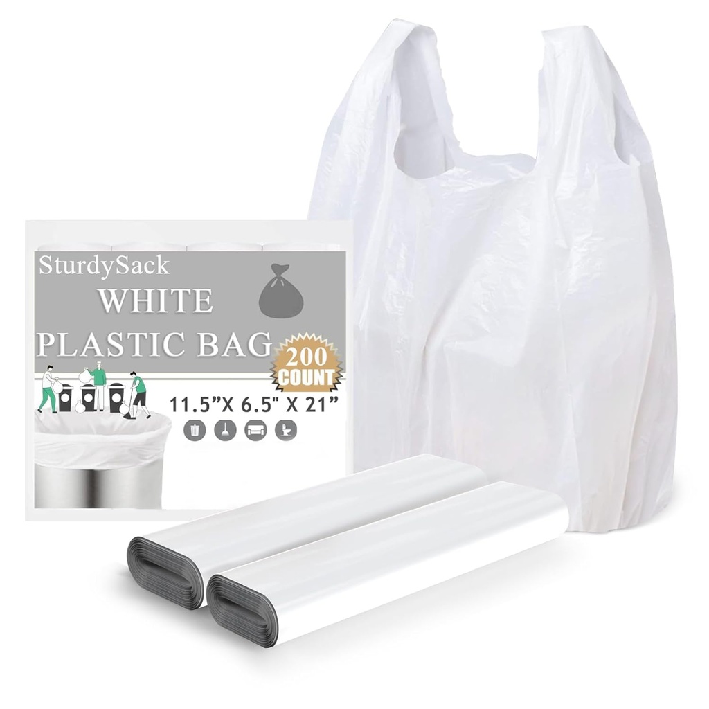 Plastic Bags, (11.5”x 6.5" x 21”)(200Pack) White Plastic Shopping Bags with Handles for Small Business Grocery T Shirt Bag Reusable and Disposable, in Bulk
