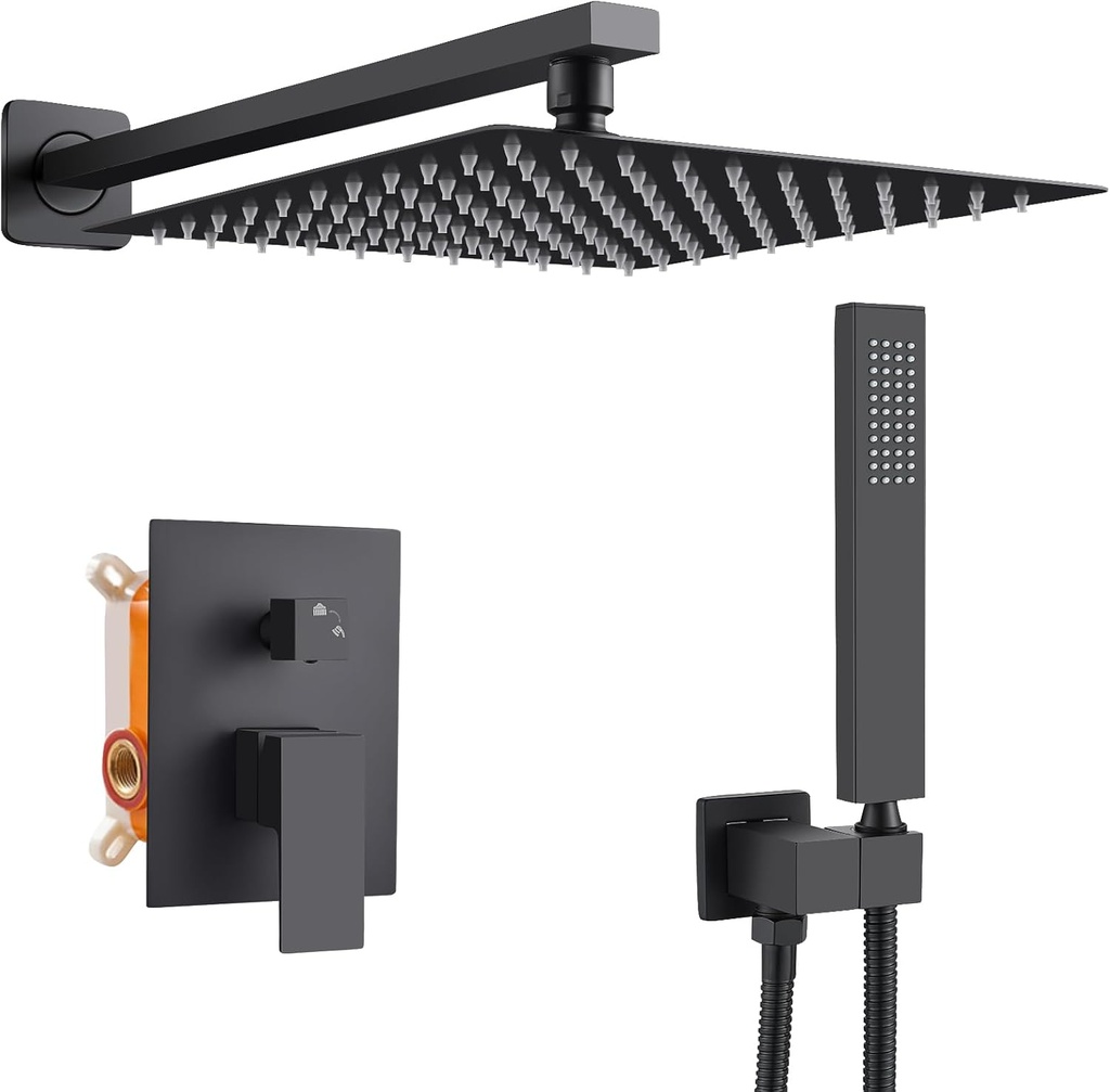Black Shower Faucet Set Rain Shower System with 10 Inch Shower Head Combo Set Handheld Spray Matte Black Shower Fixtures Rough-In Valve Kit Trim Bathroom Complete Rainfall Shower Mixer Set