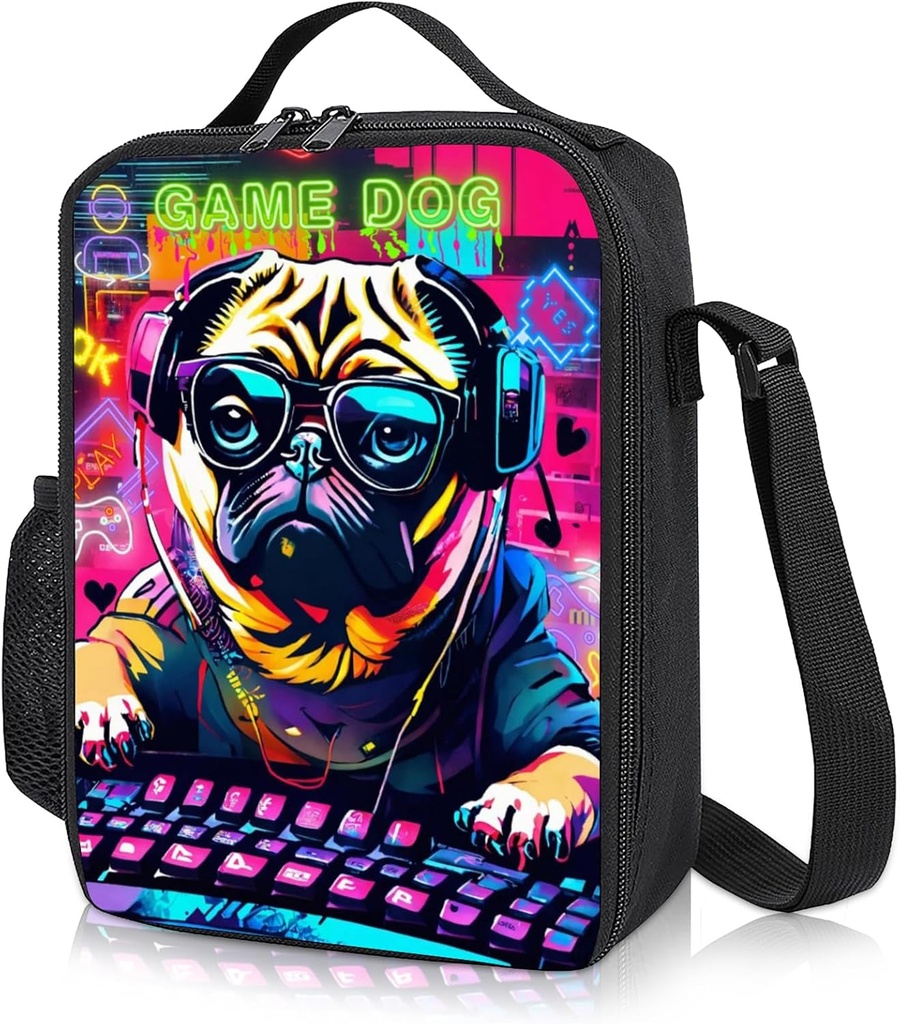 Lunch Box Kids,Small Insulated Lunch Bag for Boys Game Dog Lunch Bag with Water Bottle Holder Pug Lunch Totebag with Shoulder Strap for Girls School Work Picnic