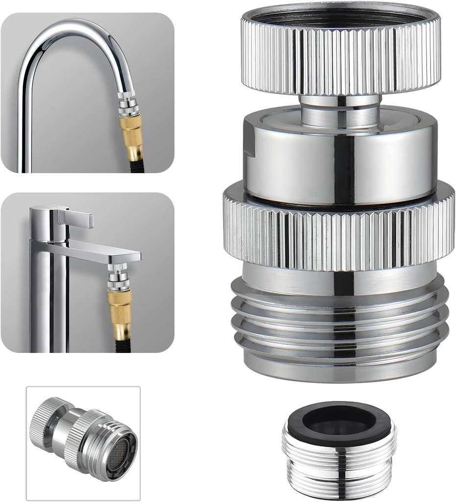 Sink Faucet to Garden Hose Adapter, Swivel Faucet Adapter Kit with Aerator, Sink Faucet Adapter to Garden Hose for Kitchen & Bathroom, 3/4" GHT Thread, Chrome