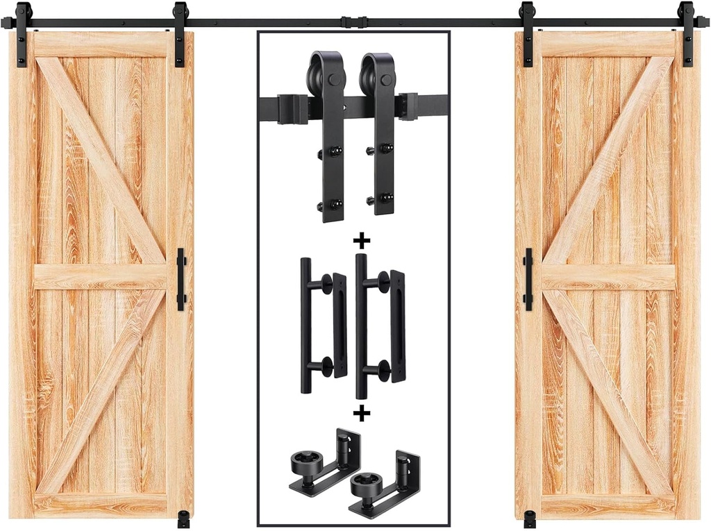 EaseLife 10 FT Double Sliding Barn Door Track and Handle Hardware Kit,Basic J Pulley,Slide Smoothly Quietly,Easy Install (10FT Track Kit for 27"~30" Wide Double Door)