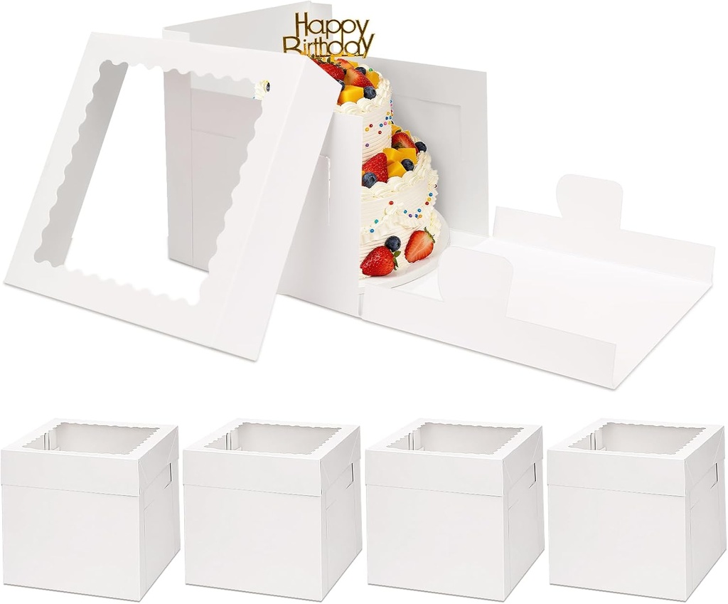 Moretoes 5 Pack Cake Boxes 8 Inch, Bakery Containers with Large Window, 8 Inch White Cake Carrier, Disposable Boxes for Halloween Birthday, Party, Cupcake Cookie Pie Pastry (8x8x8 Inches)