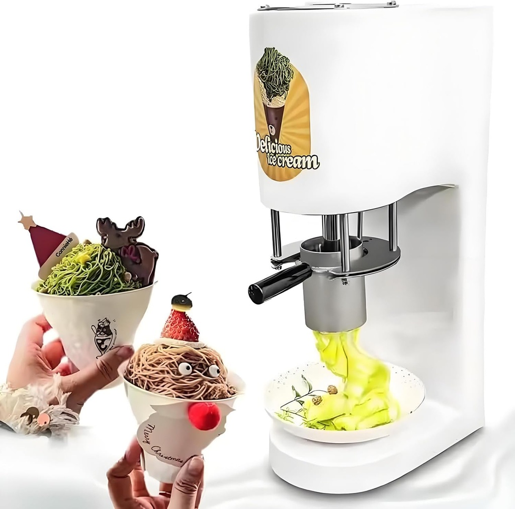 Ice Cream and Soft Serve Maker, 7.4-7.9 Gal/Hr Commercial Spaghetti Ice Cream Press, Gelato Machine with 4 Shape Molds, Ice Cream Noodle Maker White