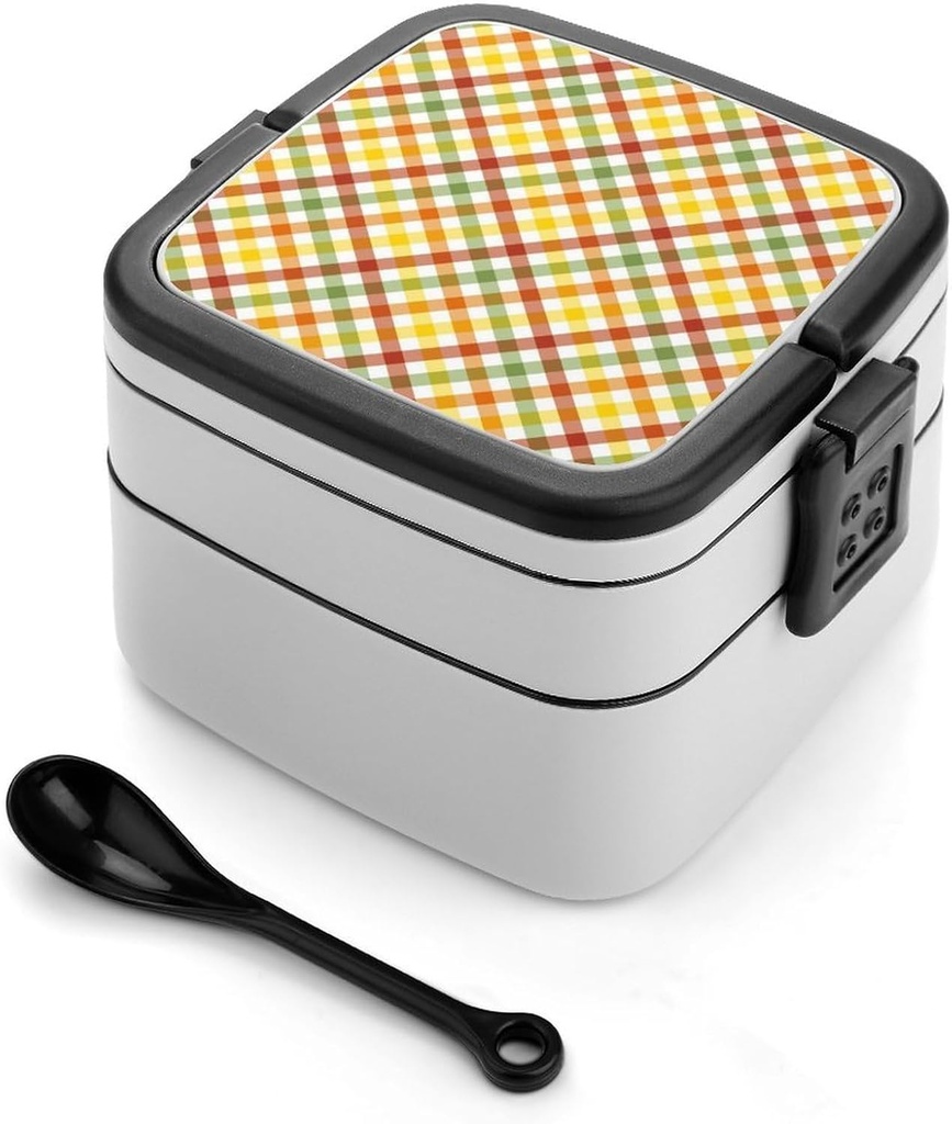 Fall Orange Plaids Double Layer Bento Box Lunch Box with Spoon Reusable Bento Case Leak-Proof Food Containers for Work Picnic Camping