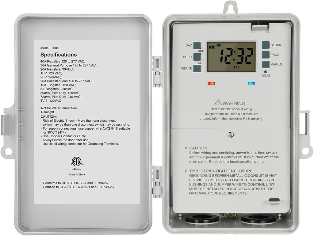 SURAIELEC Pool Timer, 7-Day Digital Pump Timer Switch, 40 AMP Heavy Duty, 120/240/277 VAC, 2HP Programmable Switch Box for Swimming Pool, Hot Water Heater, Lights, Outdoor/Indoor Use