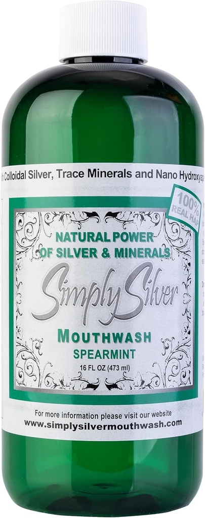 Simply Silver Mouthwash Spearmint Flavor- Nano Hydroxyapatite Formula, All Natural Colloidal Silver Mouthwash Chemical, Alcohol, Fluoride, and BPA Free, 16 oz
