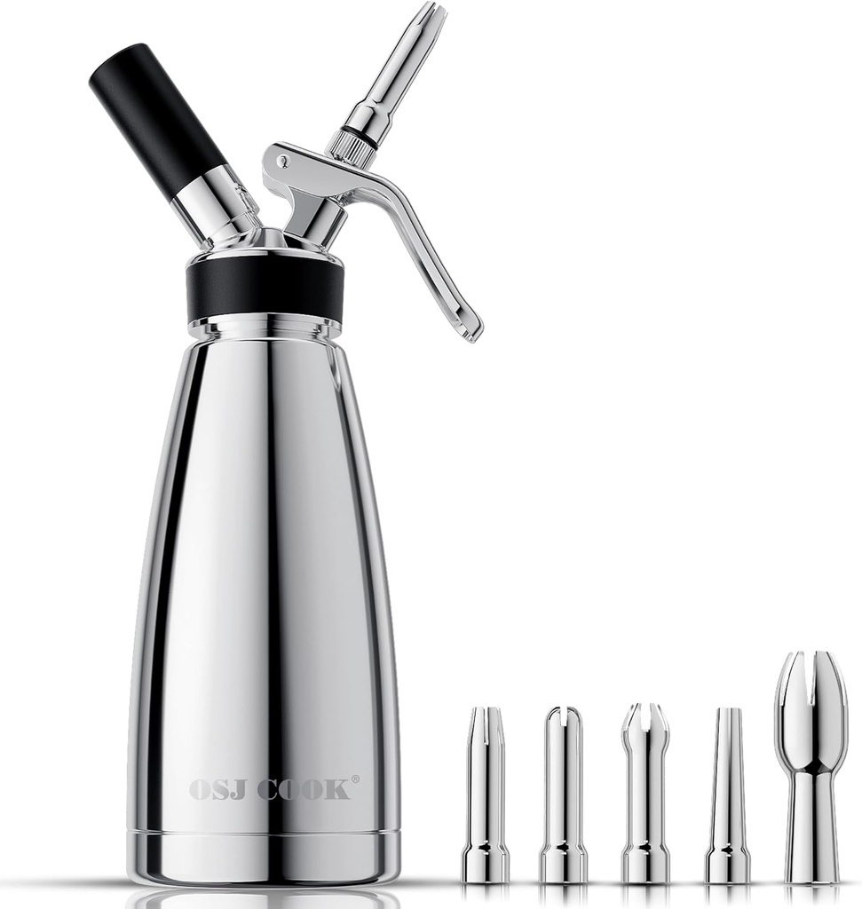 Whipped Cream Dispenser Stainless Steel Keep Warm and Cold,500mL/1 Pint Double Wall Thermos Whipped Cream Maker,5 Various Stainless Decorating Nozzles,1 Cleaning Brush,N2O Chargers NOT Included