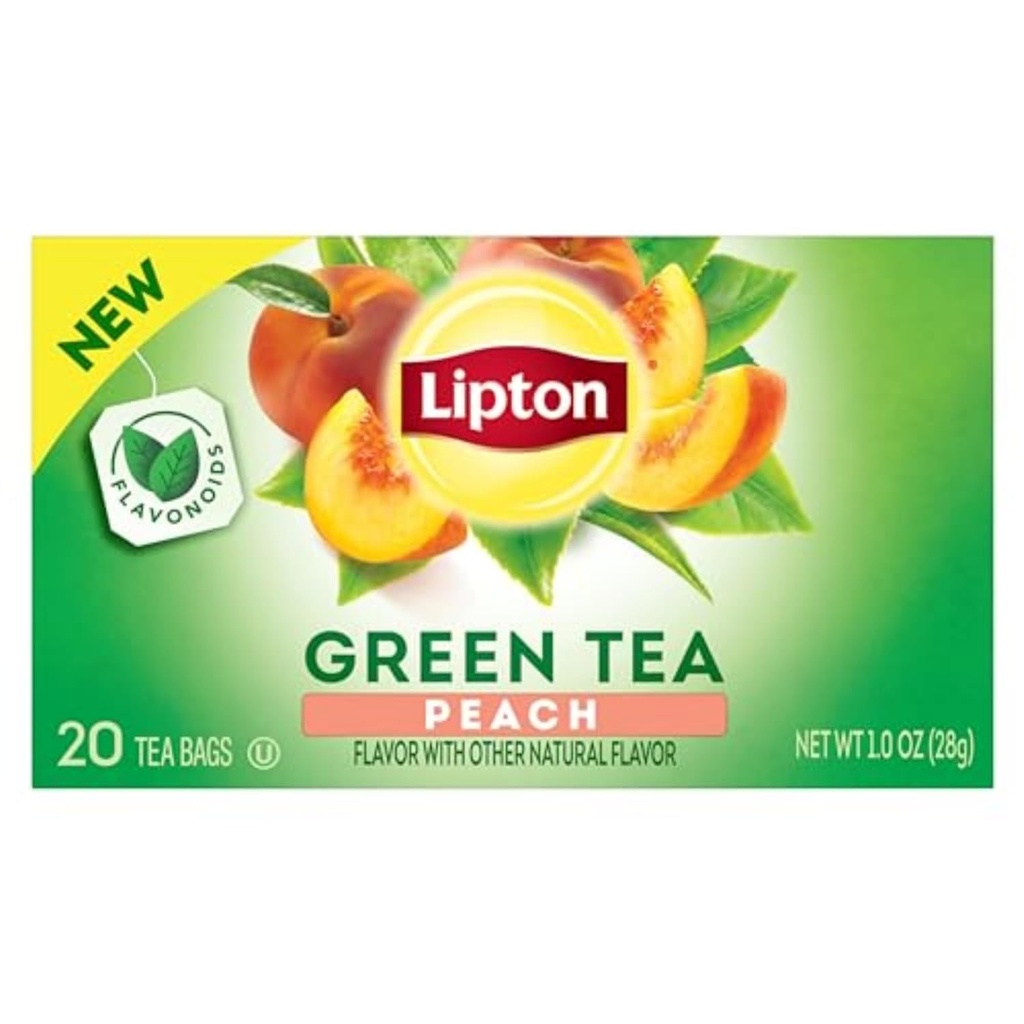 Lipton Peach Green Tea Bags, Flavored, Unsweetened Teabags for Hot Tea or Peach Iced Tea with Caffeine and Flavonoids, 20 Total Tea Bags