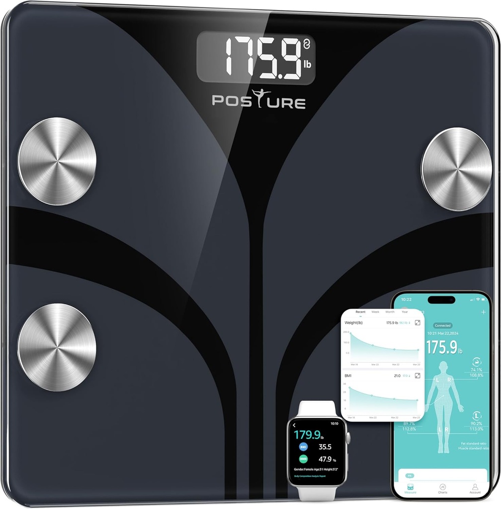 Posture Scale for Body Weight, Digital Bathroom Smart Scale, 13 Body Composition Analyzer Sync Weight Scale BMI Health Monitor Sync Apps 400lbs - Black