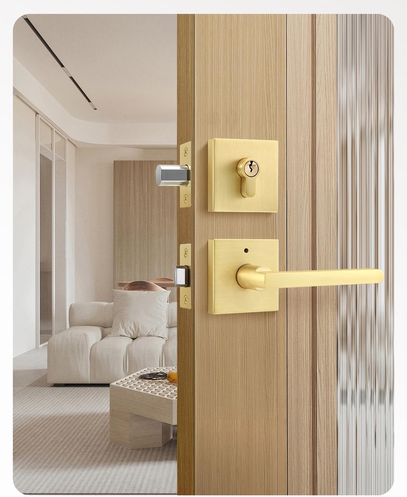 Leydebong 1 Pack Gold Door Handle Set with Single Cylinder Deadbolt, Entry Door Locksets with Deadbolt Modern Contemporary Square Design in Zinc Alloy