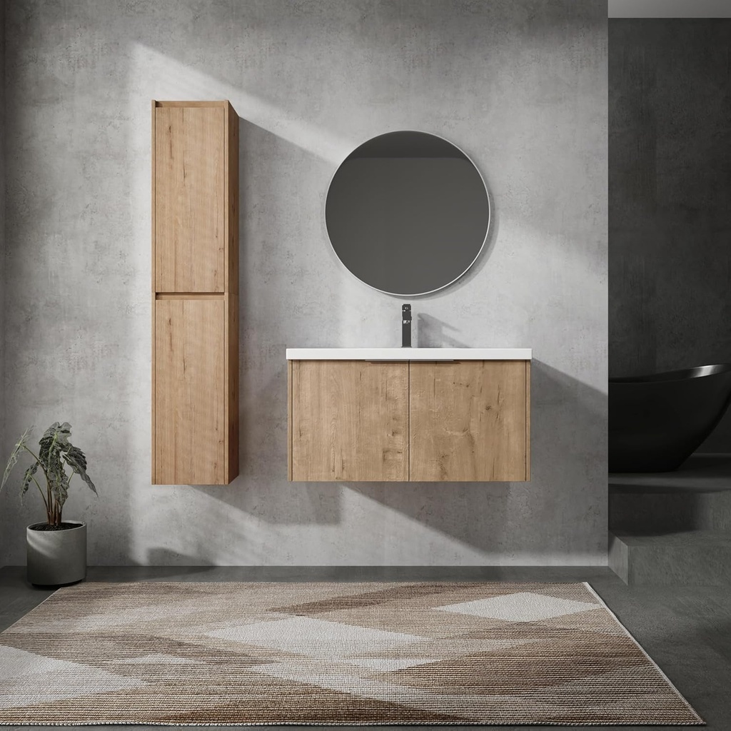 Henf 36" Floating Bathroom Vanity with Sink & 2 Side Cabinets, Modern Solid Wood Wall Mounted Bathroom Vanities Cabinet with White Sink, Storage Side Cabinet, Soft-Close Doors for Small Space,Oak