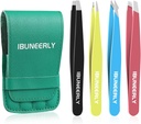 Eyebrows Tweezers Set, 4Pcs Stainless Steel Tweezers for Women with Travel Case, Great Precision for Ingrown Hair, Facial Hair and Splinter Removal