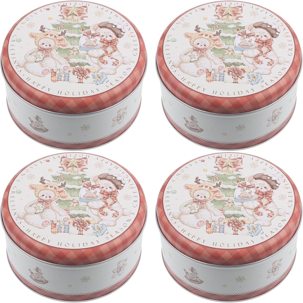 Angoily 4PCS Small Christmas Cookie Tins with Lids for Giving, Christmas Holiday Printed Round Metal Tins with Lids for Cookies, Candy, Food Presents for Xmas Holiday Party (13. 5x13. 5cm)