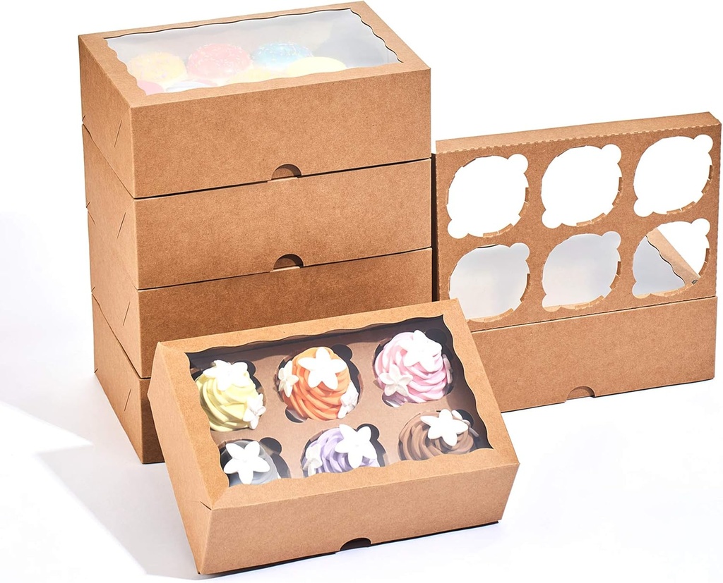 RomanticBaking 20 Pack Brown kraft paper 6 cupcake boxes with insert, 9 1/2 x 6 1/5 × 3 Pastry Box for Muffin,cookies,Chocolate covered strawberry boxes
