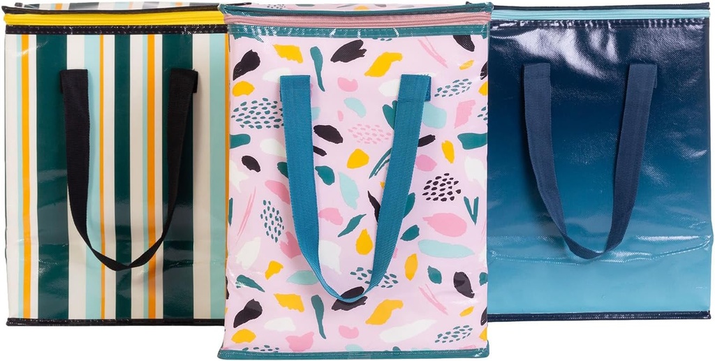 PLANET E Reusable Grocery and Picnic Bags - Colorful Collapsible Multipurpose Heavy Duty Utility Tote with Insulated Zippered Cooler (Pack of 3)