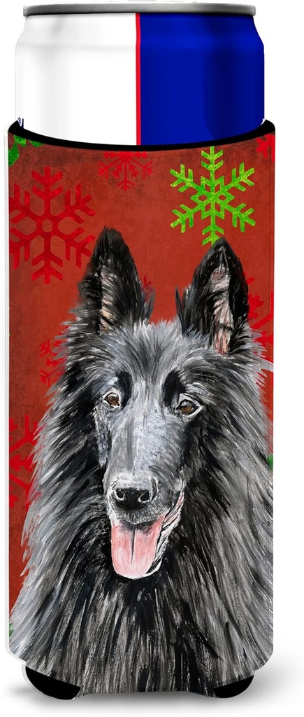 Belgian Sheepdog Red and Green Snowflakes Holiday Christmas Ultra Beverage Insulators for slim cans