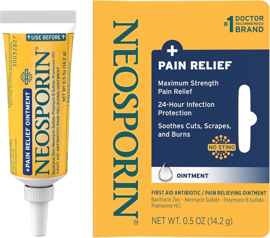 Neosporin + Maximum-Strength Pain Relief Dual Action Ointment, First Aid Topical Antibiotic & Analgesic Ointment for 24-Hour Infection Protection with Bacitracin Zinc & Pramoxine HCl,.5 oz