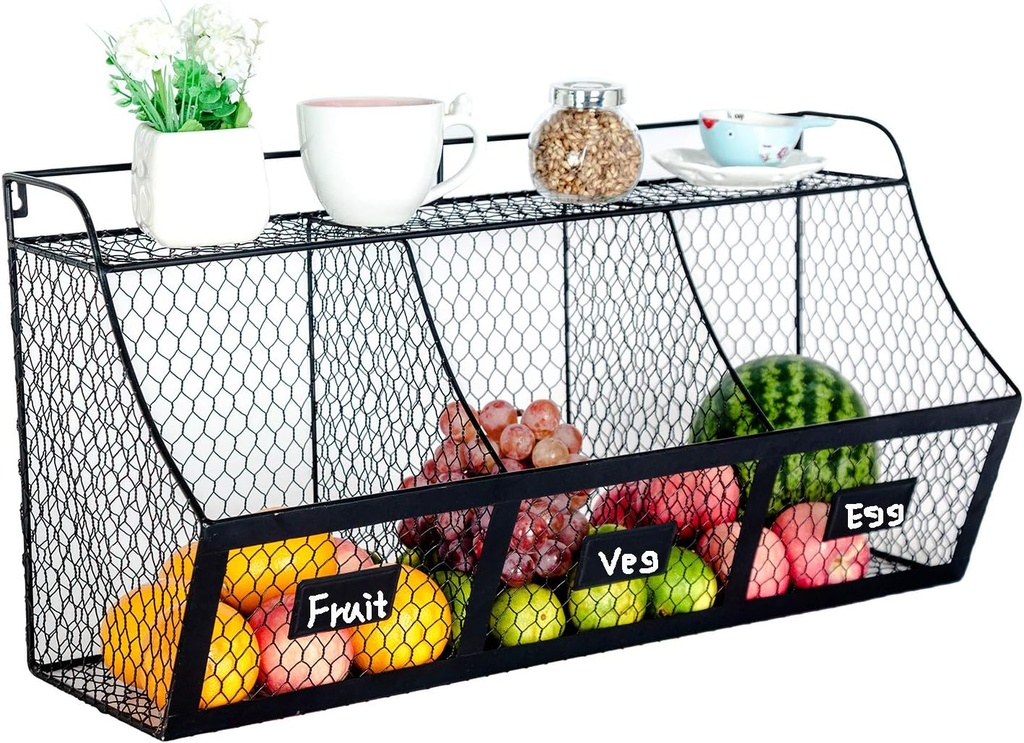 3 Compartment Wall Mount Metal Storage Basket Large Kitchen Hanging Metal Fruit Basket Wire Organizer Produce Basket Rack Bin Dark Brown/Black