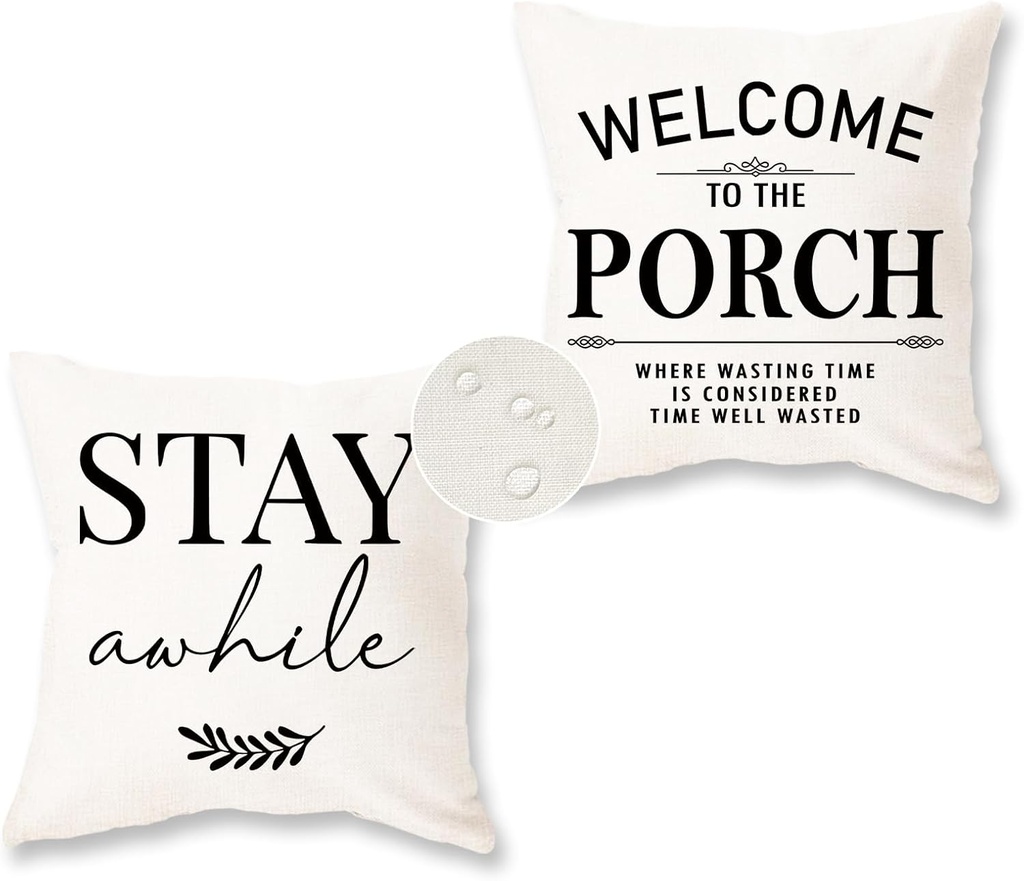 HOMFREEST Welcome to Our Porch Stay Awhile Waterproof Outdoor Pillow Covers 18x18 Set of 2 Farmhouse Patio Furniture Decorations for Outside Garden Decor