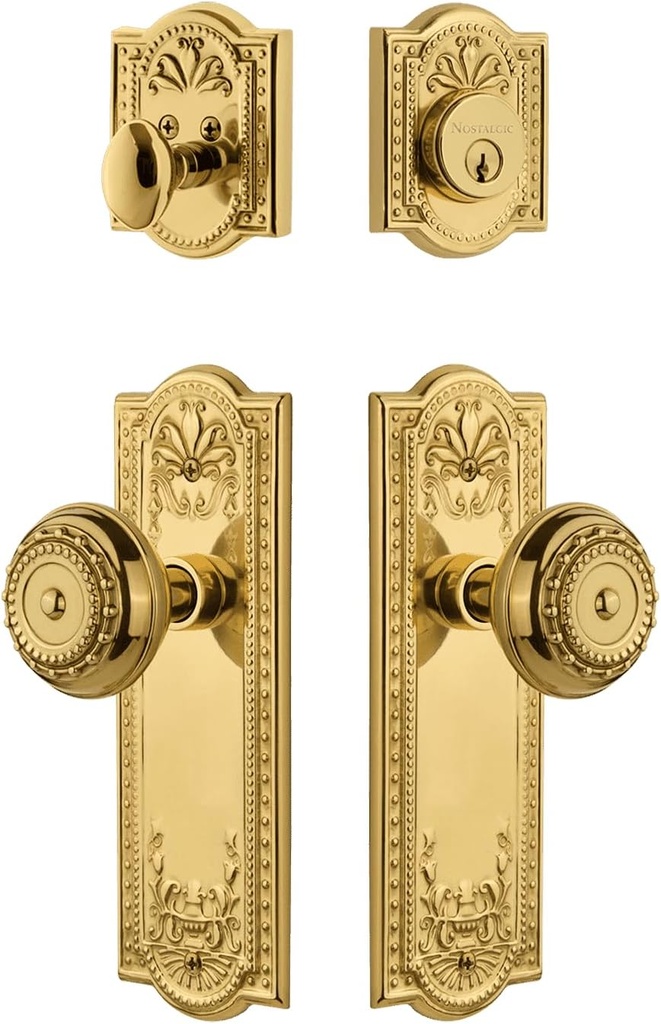 Nostalgic Warehouse Meadows Entry Set with Meadows Knob in Polished Brass-2 3/8" Backset-Universal Handing
