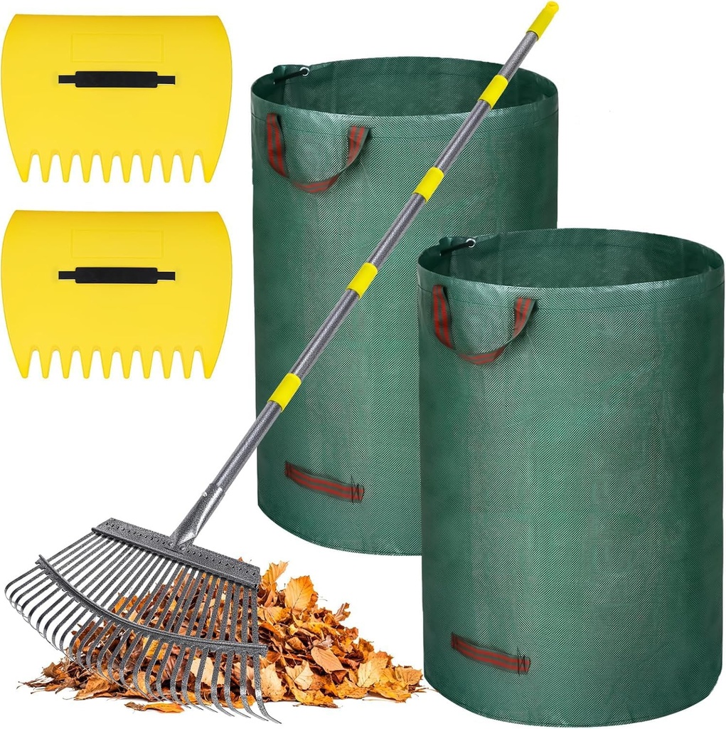 Garden Rake Set with Adjustable Handle 37-73 Inch, 18 Inch Wide Head, 25 Metal Tines, Leaf Grabbers, Work Gloves, 2 Leaf Bags for Yard Cleanup