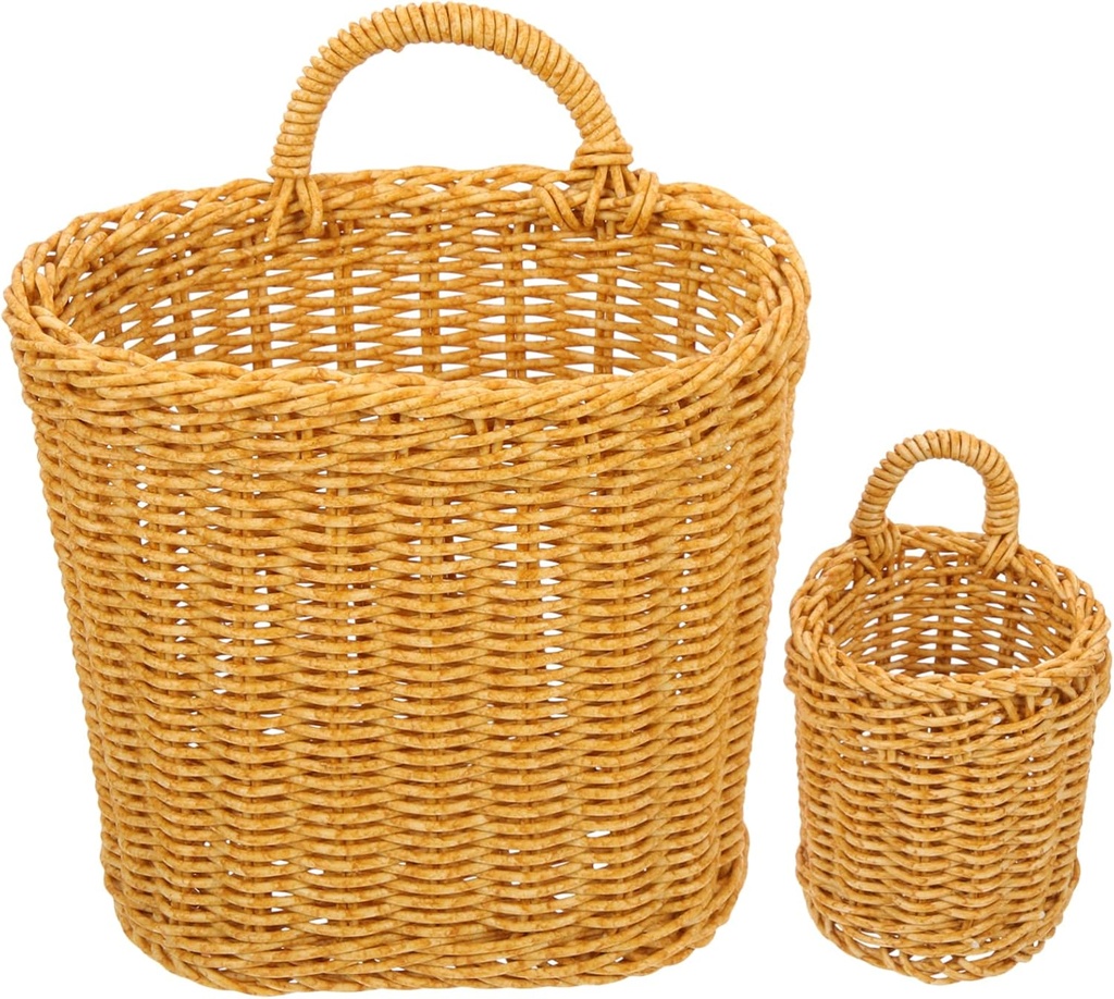 2Pcs imitation rattan and fork storage woven trash can wall fruit basket woven vegetable holder silverware organizer hanging storage basket rattan egg pp decorate wicker