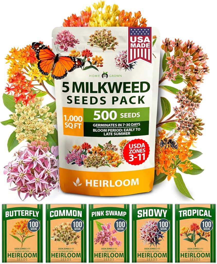 HOME GROWN Milkweed Flower Seeds - 500+ Heirloom Perennial Wildflower Seeds (5 Individual Varieties) Supports Monarch Habitat, Grows in Zones 3–10 (Asclepias syriaca)