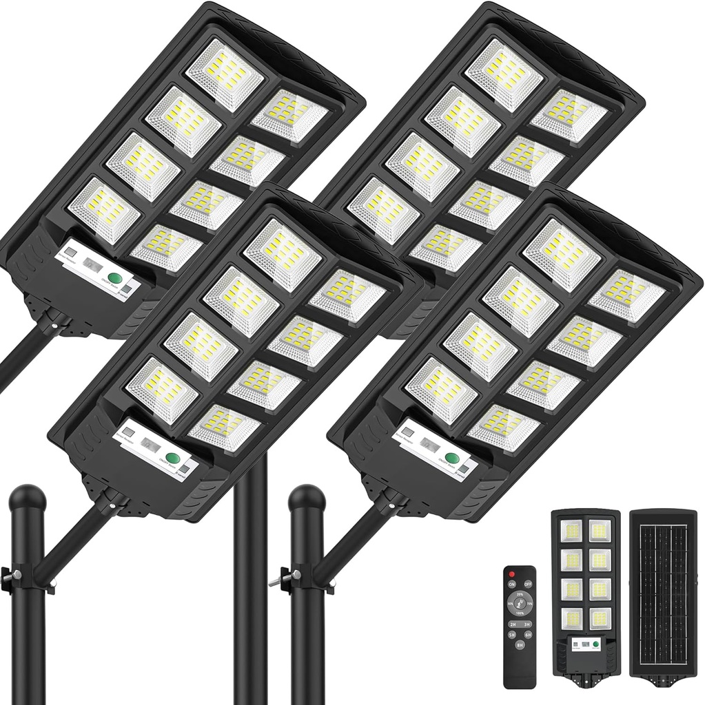 Solar Lights Outdoor, 6000K LED Solar Lights Outdoor Waterproof, Solar Flood Lights Outdoor with Motion Sensor and Remote Control, Solar Street Light Dusk to Dawn 4-Pack
