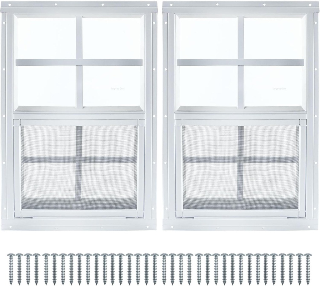 14" x 21" Shed Window, 2 Pack White Flush Mount Household Windows with Tempered Glass and Fiberglass Screen for Shed, Garage, Chicken Coop, Playhouse, Small Tiny House