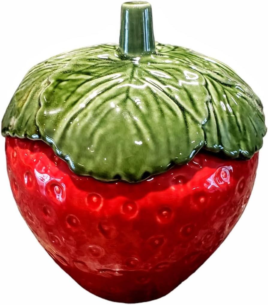 Generic Ceramic Stawberry Theme Cookie Candy Dish Container Storage Container with Lid - 7 inches High 6 Wide - Red and Green