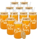 YOUKE OLA 12 Pack Bridesmaid Gifts Beer Glass Can with Bamboo Lids and Glass Straw Drinking Glass Cups Maid of Honor Gift for Engagement Bridal Shower Bachelorette Party 16oz