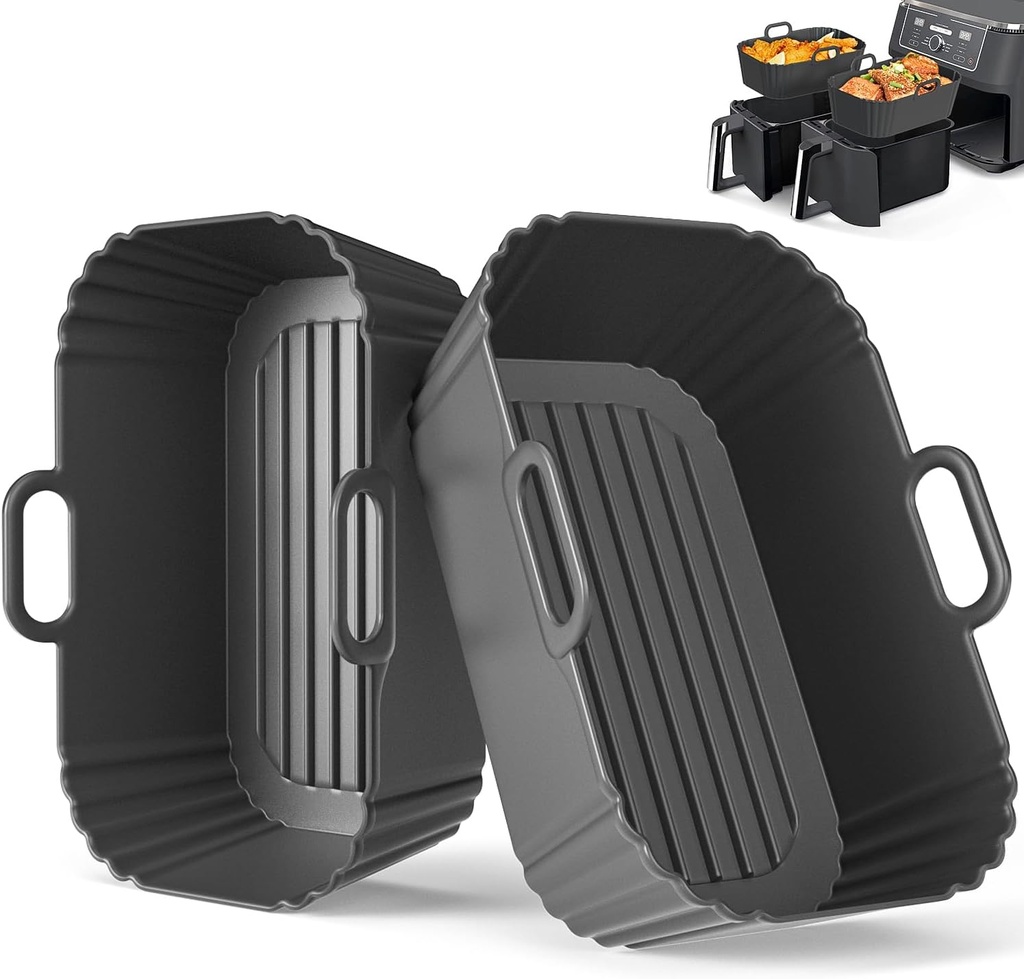 Silicone Air Fryer Liners 2 Pack, Reusable Compatible for Ninja Foodi DZ201, DZ401, DZ550, DZ302, COSORI 9QT, Chefman, Instant, and 6-in-1 8-10QT Dual Baskets