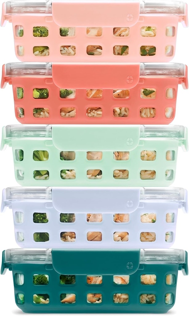 Ello Duraglass 3.4 Cup Meal Prep Sets 10Pc, 5 Pack Set- Glass Food Storage Container with Silicone Sleeve and Airtight BPA-Free Plastic Lids, Dishwasher, Microwave, and Freezer Safe, Melon