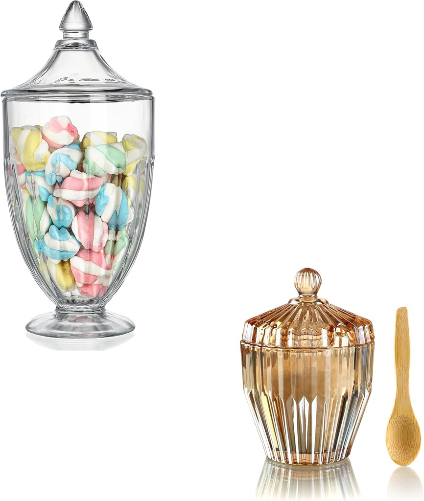 ZEERSHEE 5 Oz Glass Salt Cellar with Lid Spoon Storage Jar And 26oz Glass Decorative Candy Jars Clear Cookie Jar