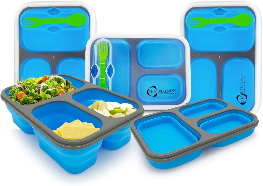 CHEESE CHOPPER Collapsible Food Storage Container for Meal Prep | 3 Separate Compartments with Clip in Fork & Spoon | Microwave, Dishwasher Safe & BPA Free