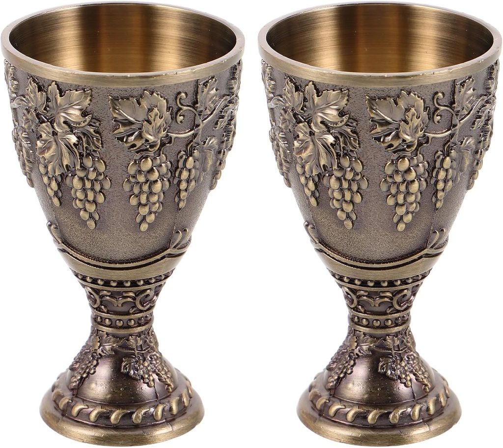 LOGOFUN 2pcs Vintage Embossed Grape Chalice Goblet Handmade Zinc Alloy Metal Wine Cups for Medieval Themed Parties