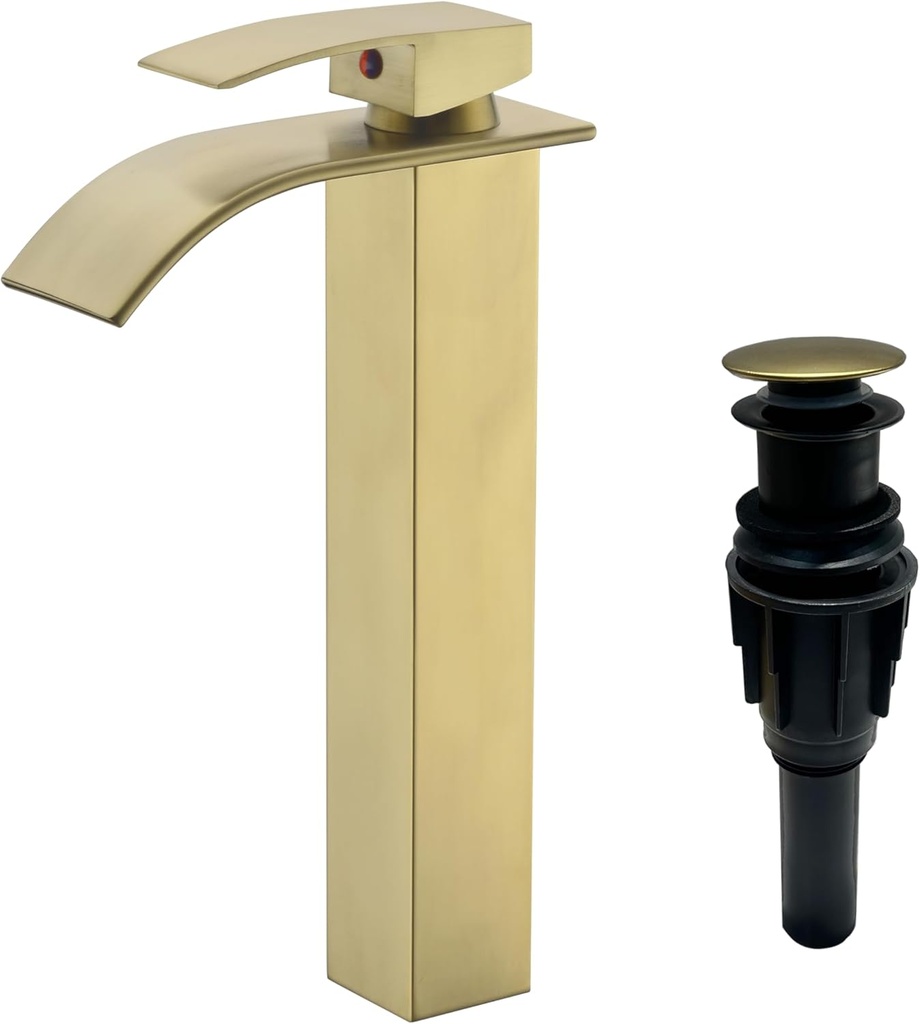 Tall Bathroom Vessel Faucet Champagne Bronze, Waterfall Tall Gold Bathroom Faucet Single Handle 1 Hole Lavatory Sink Bowl Mixer Tap with Sink Drain (Brushed Gold)
