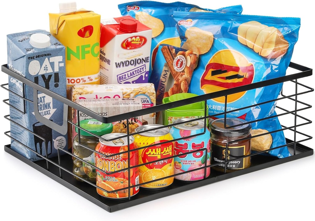 TOPZEA Black Metal Food Storage Basket for Pantry Organization, Large Steel Wire Farmhouse Basket Organizer Bin with Handles for Organizing Bathroom, Kitchen, Shelf, Cabinet, 16"x 12.5"x 6"