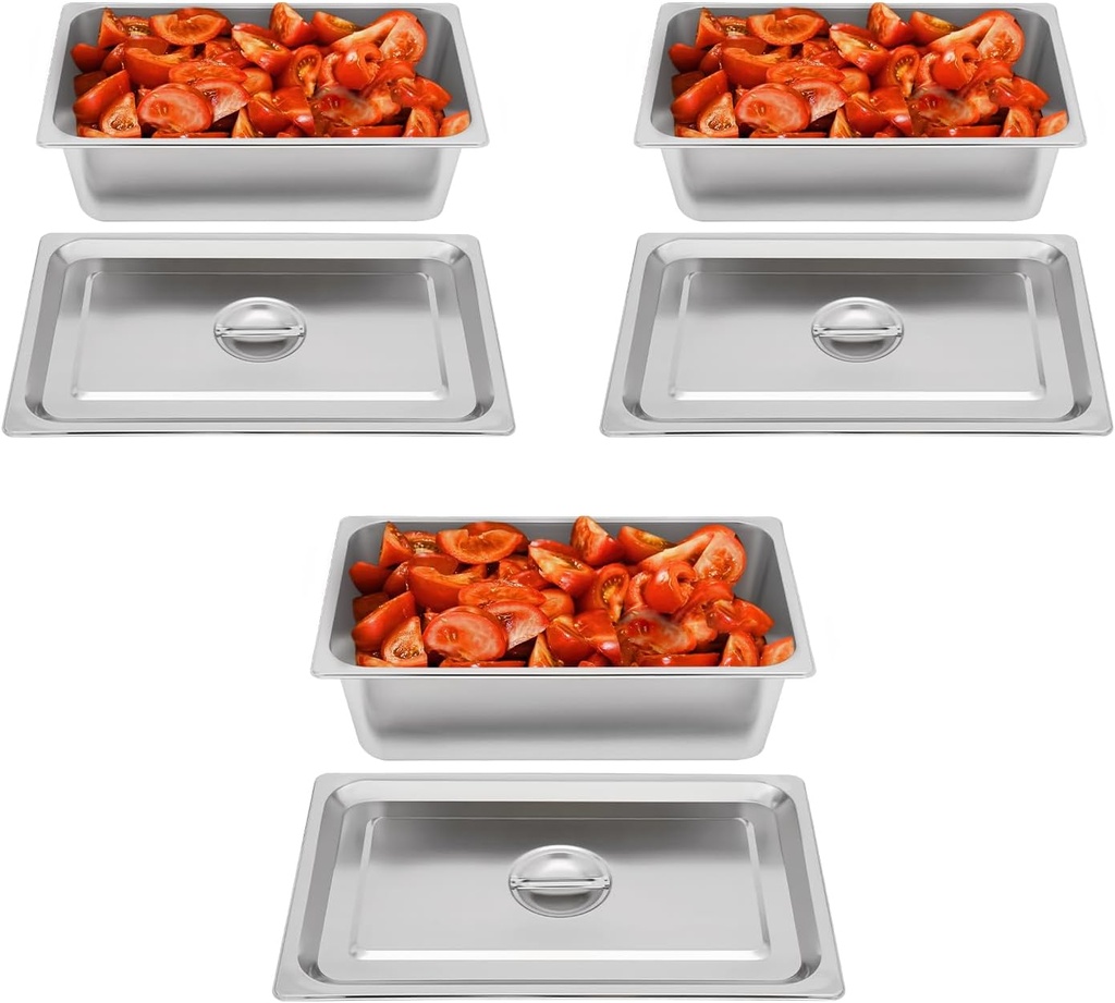 3 Pack Hotel Pan, Steam Table Pans with Lid, Stainless Steel Metal Tray Sets Food Storage Container, L 21.06" x W 13.6", Restaurant Chafing Dishes Commercial Buffet Warmer Catering Supplies